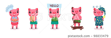 Funny Pink Pig with Cute Snout Engaged in Different Activity Vector Set 98833479