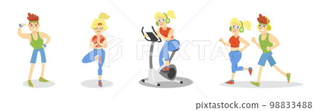 Man and Woman at Gym Sport Training and Workout Vector Illustration Set Man and Woman at Gym Sport Training and Workout Vector Illustration Set 98833488