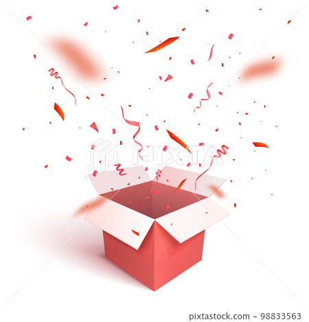 Open gift box with confetti burst. Open gift box with confetti burst. 98833563