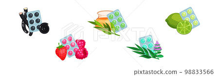 Lozenge Blister Packs with Different Flavour as Throat Candies and Cough Remedy Vector Set 98833566
