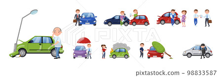Car Insurance with People Engaged in Different Cases of Vehicle Damage and Agent Vector Set 98833587