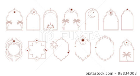 Collection of minimal linear style Islamic windows and arches with modern boho design, moon, mosque Collection of minimal linear style Islamic windows and arches with modern boho design, moon, mosque 98834008