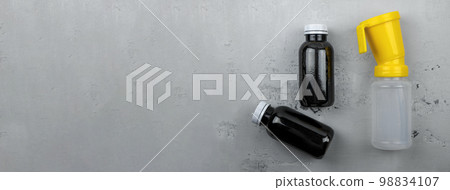 Teat dip cup for udder cow disinfection and solutions for dipping, banner. Disinfectant for veterinary use. Ecological agriculture Teat dip cup for udder cow disinfection and solutions for dipping, banner. Disinfectant for veterinary use. Ecological agriculture 98834107