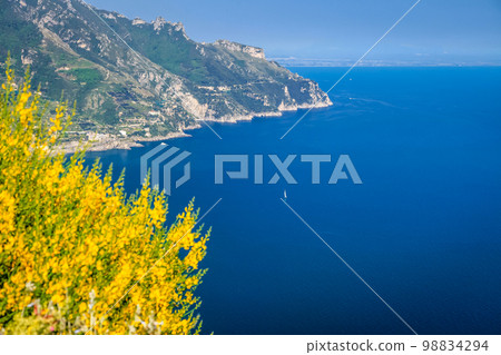 Above Amalfi Coast, coastline with boats and cliffs from Ravello, Italy Above Amalfi Coast, coastline with boats and cliffs from Ravello, Italy 98834294