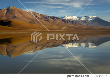 Salt lake Lejia reflection, idyllic volcanic landscape at Sunset, Atacama, Chile Salt lake Lejia reflection, idyllic volcanic landscape at Sunset, Atacama, Chile 98834303