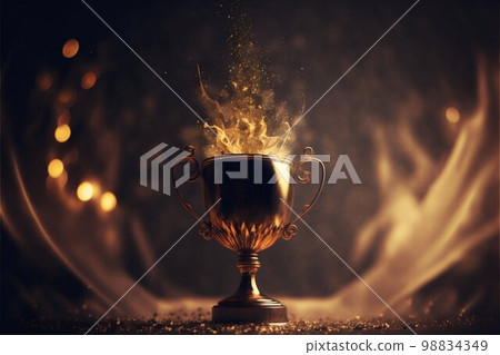 Winner gold trophy with blurred sparks on background. Generative AI 98834349