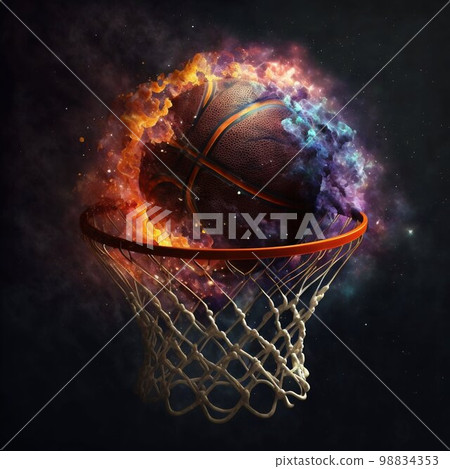 Fire ball in basketball hoop basket. Generative AI 98834353