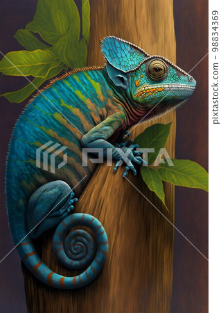 Chameleon on tree bamboo. Generative Ai 98834369