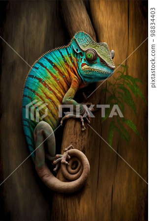 Chameleon on tree bamboo. Generative Ai 98834403