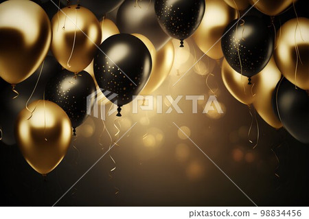 Gold and black metallic helium air balloons. Generative Ai Gold and black metallic helium air balloons. Generative Ai 98834456