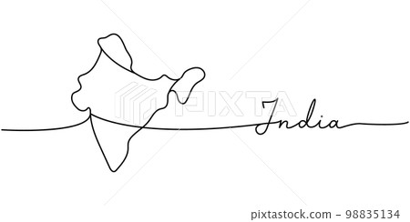 India - word with country silhouette one line. Minimalist drawing of phrase illustration. India country silhouette continuous one line illustration. 98835134