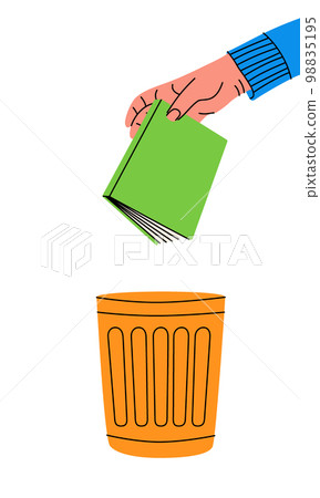 Hand throwing book in recycle bin. Garbage utilisation. Bookcrossing, books recycle illustration Hand throwing book in recycle bin. Garbage utilisation. Bookcrossing, books recycle illustration 98835195