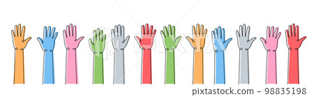 Hands up one line colored continuous drawing. Collaboration, solidarity continuous colorful one line illustration. Vector linear illustration. 98835198