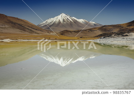 Salt lake in Piedras Rojas, volcanic landscape at sunrise, Atacama, Chile 98835767