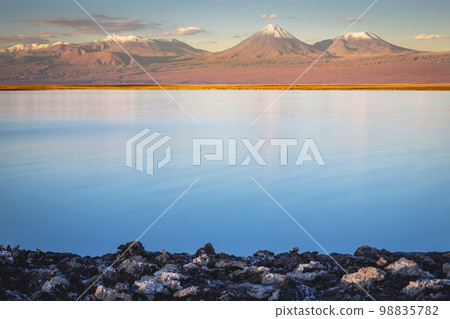 Licancabur with reflection lake and volcanic landscape at Sunset, Atacama, Chile Licancabur with reflection lake and volcanic landscape at Sunset, Atacama, Chile 98835782