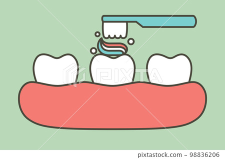 brushing teeth, toothbrush and toothpaste on tooth and gum - dental cartoon vector flat style brushing teeth, toothbrush and toothpaste on tooth and gum - dental cartoon vector flat style 98836206