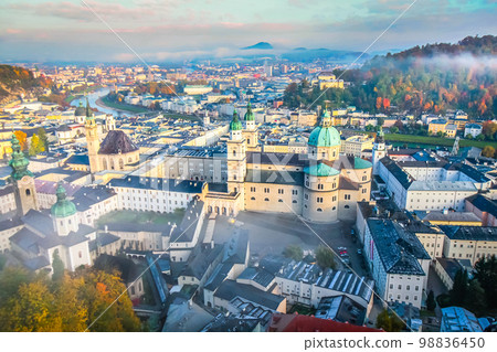 Salzburg medieval old town towers and domes at autumn, Salzburger land, Austria Salzburg medieval old town towers and domes at autumn, Salzburger land, Austria 98836450