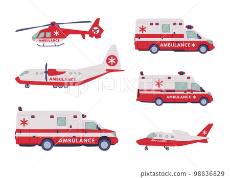 Ambulance Emergency Rescue Service Vehicle and Medical Care Transport Vector Set 98836829