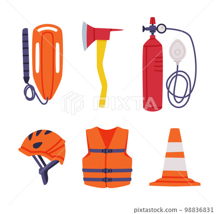 Emergency Equipment with Helmet, Jacket, Gas Cylinder, Axe, Cone and Life Float Vector Set 98836831