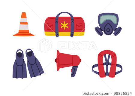 Emergency Equipment with Cone, Flippers, Megaphone, Vest, Mask and Bag Vector Set Emergency Equipment with Cone, Flippers, Megaphone, Vest, Mask and Bag Vector Set 98836834