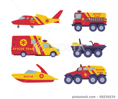 Rescue Equipment with Specialized Machine and Emergency Vehicle for Urgent Saving of Life Vector Set 98836839
