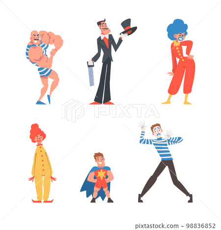 Circus Artist Character with Clown, Strongman, and Magician with Saw Performing on Stage or Arena Vector Set 98836852