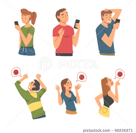 Young Angry Man and Woman Character with Furious Face Abusing and Victim with Smartphone Vector Set Young Angry Man and Woman Character with Furious Face Abusing and Victim with Smartphone Vector Set 98836871