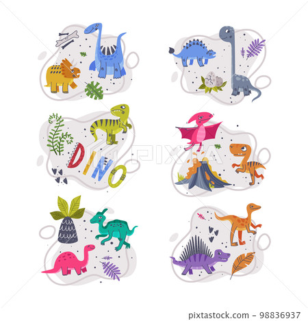 Funny Dinosaur as Cute Prehistoric Creature and Comic Jurassic Predator Vector Composition Set Funny Dinosaur as Cute Prehistoric Creature and Comic Jurassic Predator Vector Composition Set 98836937