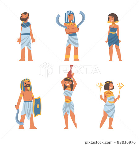 Egyptian Man and Woman Character Wearing Authentic Garment and Necklace Vector Set Egyptian Man and Woman Character Wearing Authentic Garment and Necklace Vector Set 98836976