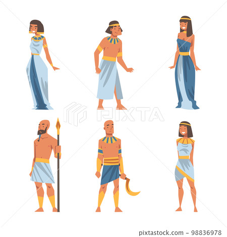 Egyptian Man and Woman Character Wearing Authentic Garment and Necklace Vector Set 98836978