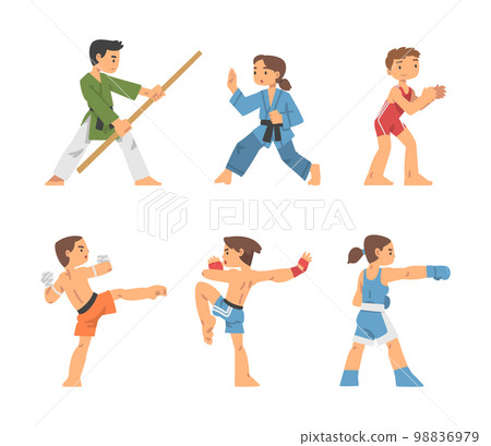 People Character Engaged in Combat Sport or Fighting Sport Competing Vector Illustration Set 98836979