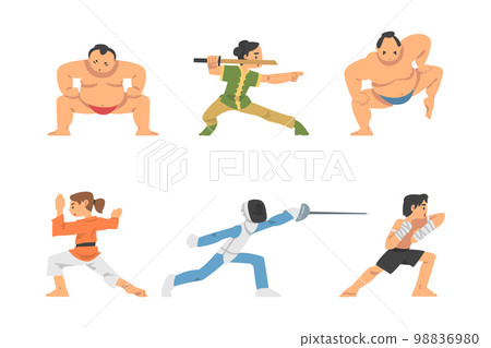 People Character Engaged in Combat Sport or Fighting Sport Competing Vector Illustration Set 98836980