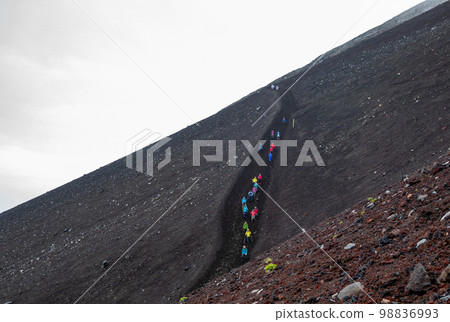 Mt Fuji trail between the 8th and 9th station on Fujiyoshida route with some people in the distance in Fujiyoshida, Yamanashi, Japan. August 4, 2022 Mt Fuji trail between the 8th and 9th station on Fujiyoshida route with some people in the distance in Fujiyoshida, Yamanashi, Japan. August 4, 2022 98836993