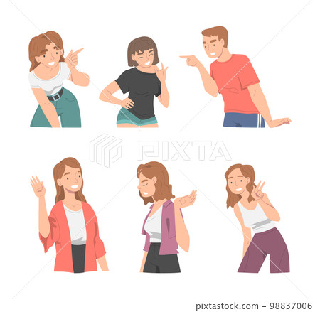 Smiling People Character Showing Different Hand Gesture Vector Illustration Set Smiling People Character Showing Different Hand Gesture Vector Illustration Set 98837006
