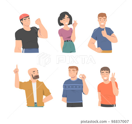Smiling People Character Showing Different Hand Gesture Vector Illustration Set Smiling People Character Showing Different Hand Gesture Vector Illustration Set 98837007