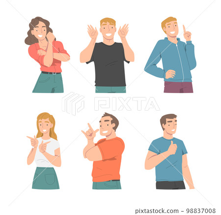 Smiling People Character Showing Different Hand Gesture Vector Illustration Set 98837008
