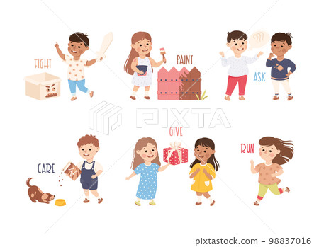 Little Boy and Girl Demonstrating Different Activity as Verb Learning Vector Set 98837016