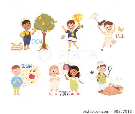 Little Boy and Girl Demonstrating Different Activity as Verb Learning Vector Set 98837018