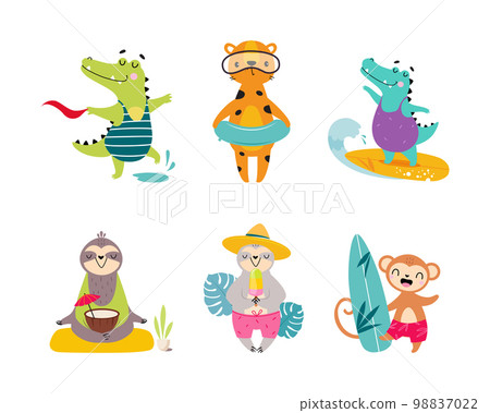 Cute African Animal Enjoying Hot Summer Activity Vector Set 98837022