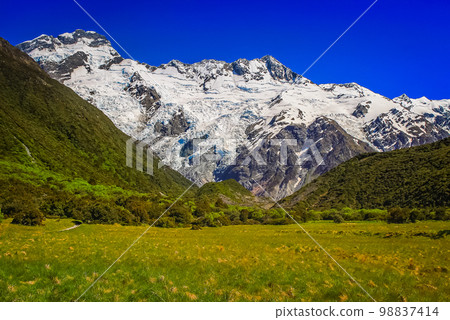 Hooker Valley meadows and Mt Cook massif, South Island of New Zealand Hooker Valley meadows and Mt Cook massif, South Island of New Zealand 98837414