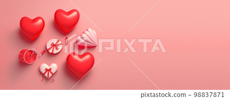 Valentine's day background and shiny 3d heart shape with small ornament for banner 98837871