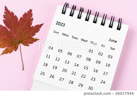 The June 2023 desk calendar for 2023 year with autumn maple leaf on pink color background. The June 2023 desk calendar for 2023 year with autumn maple leaf on pink color background. 98837948