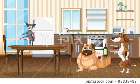 In house scene with dogs drinking wine 98839482