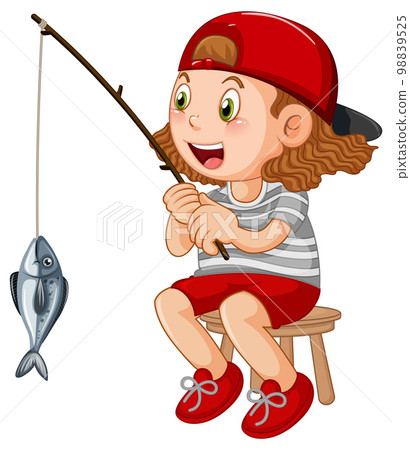 Happy kid sitting on a chair fishing Happy kid sitting on a chair fishing 98839525