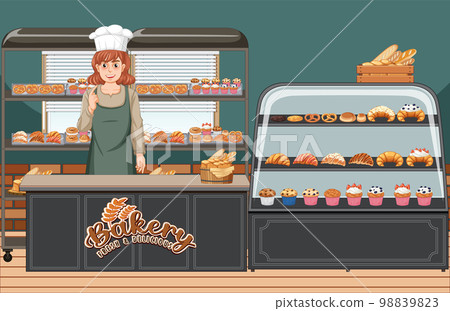Bakery shop interior with bakery showcase Bakery shop interior with bakery showcase 98839823