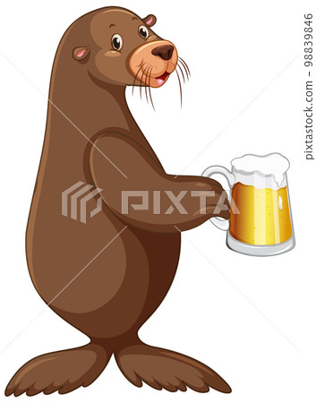 Cute sea lion holding a beer 98839846