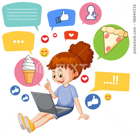 Cute girl browsing social media on laptop Cute girl browsing social media on laptop 98840338
