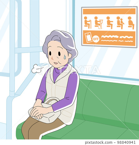 A senior woman sitting in a priority seat with a gentle touch help mark A senior woman sitting in a priority seat with a gentle touch help mark 98840941
