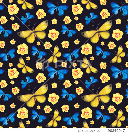 seamless pattern Blue and yellow butterfly with daffodils isolated on dark. Watercolor illustration for design fabrics seamless pattern Blue and yellow butterfly with daffodils isolated on dark. Watercolor illustration for design fabrics 98840947