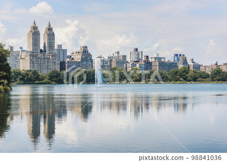 Central park lake view of New York City skyline in summer. USA travel vacation destination, reflection of buildings in water 98841036